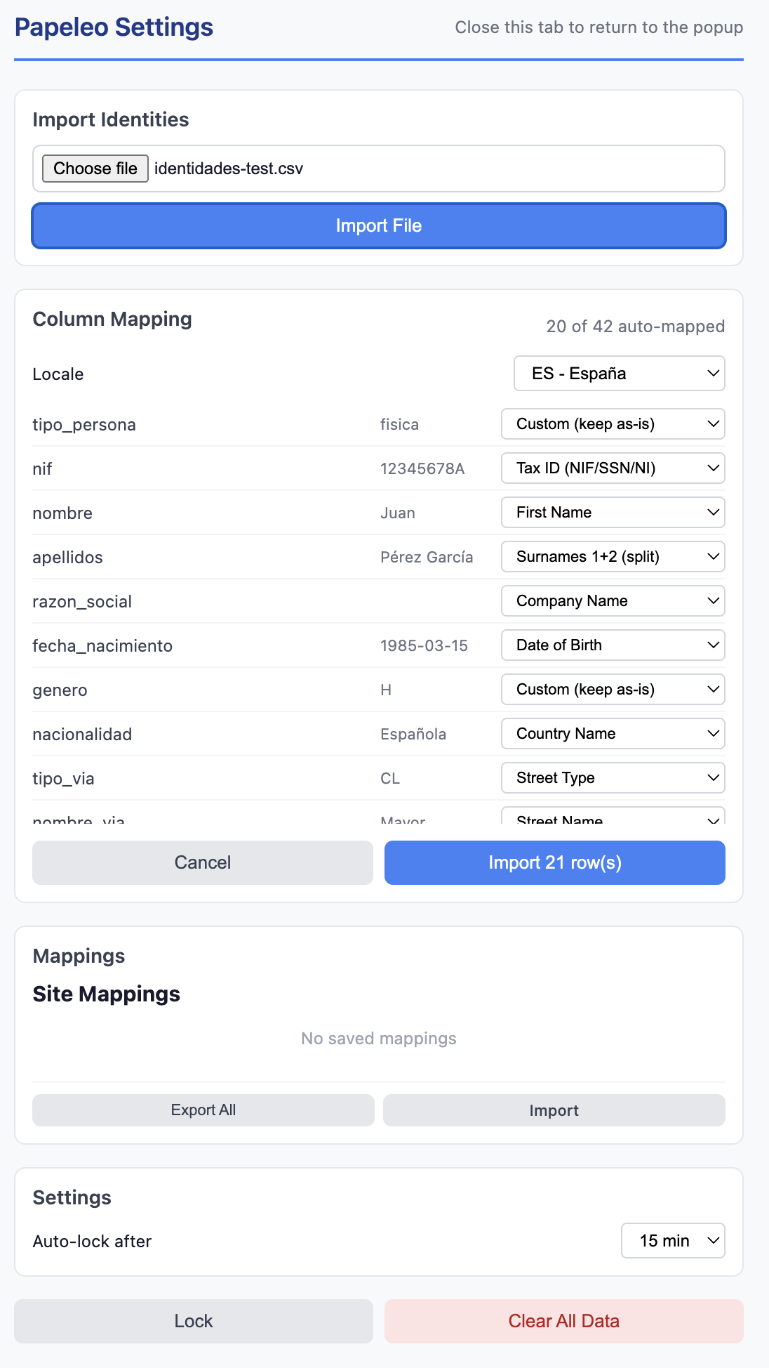 Mapeo de columnas — 20 de 42 auto-mapeadas