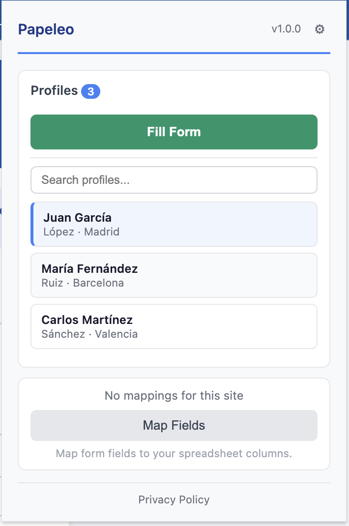 Selector de perfil y botón Rellenar