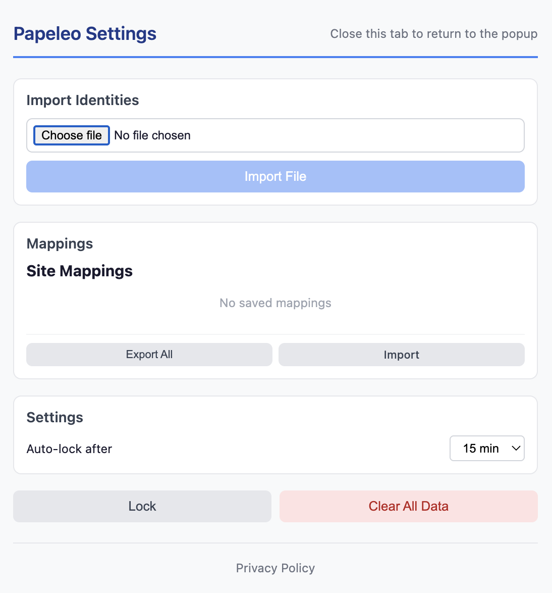 Página de configuración con importación y colecciones
