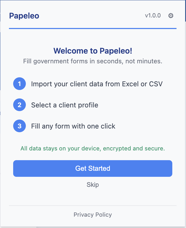 Popup de bienvenida con los 3 pasos